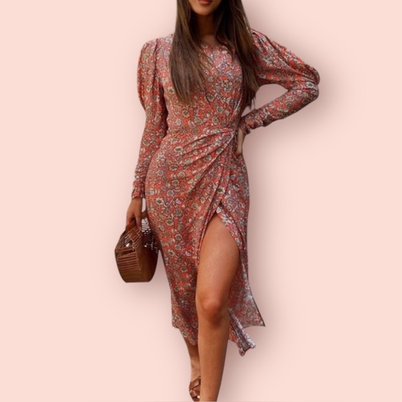 Zara Dresses & Skirts - ZARA Floral Printed Long Puff Ruched Sleeve Draped‎ Midi Dress Size Small
